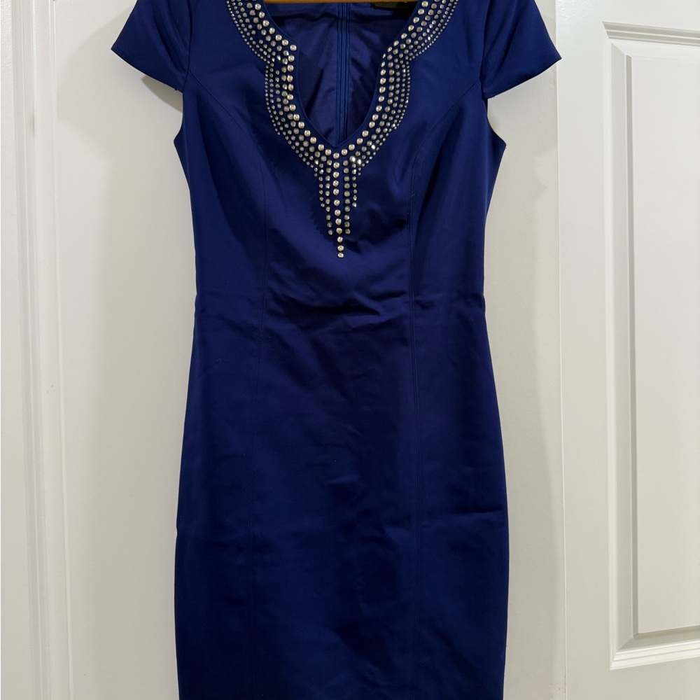 Elegant Navy Blue Dress with Embellished Neckline